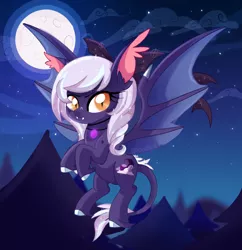 Size: 2978x3071 | Tagged: safe, artist:spookyle, derpibooru import, oc, oc:spectra shine, bat pony, dracony, dragon, hybrid, pony, bat pony oc, bat wings, bow, fangs, female, flying, image, mare, moon, moonlight, night, png, solo, wings