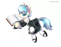 Size: 3168x2480 | Tagged: safe, artist:vinilyart, derpibooru import, coco pommel, earth pony, pony, book, clothes, cosplay, costume, image, maid, png, re:zero, rem, simple background, solo, white background