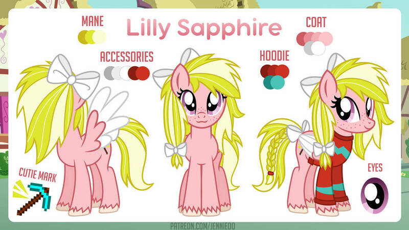 Size: 1191x671 | Tagged: safe, artist:jennieoo, derpibooru import, oc, oc:lily sapphire, unofficial characters only, pegasus, pony, bow, braid, braided tail, clothes, colored wings, female, freckles, front view, hair bow, hoodie, hooves, image, jpeg, mare, pegasus oc, reference sheet, show accurate, smiling, solo, spread wings, standing, tail, tail bow, three quarter view, two toned mane, two toned tail, unshorn fetlocks, wings