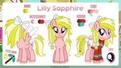 Size: 1191x671 | Tagged: safe, artist:jennieoo, derpibooru import, oc, oc:lily sapphire, unofficial characters only, pegasus, pony, bow, braid, braided tail, clothes, colored wings, female, freckles, front view, hair bow, hoodie, hooves, image, jpeg, mare, pegasus oc, reference sheet, show accurate, smiling, solo, spread wings, standing, tail, tail bow, three quarter view, two toned mane, two toned tail, unshorn fetlocks, wings