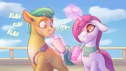 Size: 3840x2160 | Tagged: safe, artist:cocaine, derpibooru import, hitch trailblazer, earth pony, pony, unicorn, g5, blushing, clothes, female, hitchrose, image, magic, male, mare, maretime bay, my little pony: a maretime bay adventure, png, primrose (g5), scarf, shipping, smoothie, stallion, straight