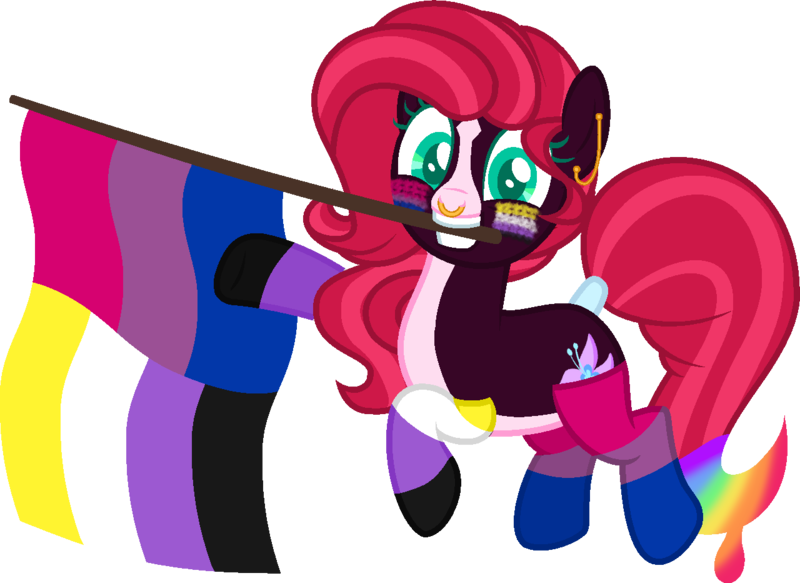 Size: 1280x932 | Tagged: safe, artist:yeetmedownthestairs, derpibooru import, oc, oc:painted lilly, unofficial characters only, earth pony, pony, bisexual pride flag, clothes, commission, ear piercing, earring, face paint, flag, grin, image, jewelry, markings, mouth hold, nonbinary, nonbinary pride flag, nose piercing, nose ring, piercing, png, pride, pride flag, pride month, raised hoof, raised leg, simple background, smiling, socks, solo, striped socks, tail, tail wrap, transparent background, ych result