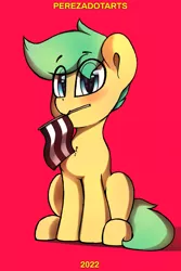 Size: 1365x2048 | Tagged: safe, artist:perezadotarts, derpibooru import, oc, oc:pen sketchy, unofficial characters only, earth pony, pony, blushing, cute, digital art, drawing, earth pony oc, female, flag, image, jpeg, looking at you, male, meta, mouth hold, pride, pride flag, red background, simple background, sitting, solo, solo male, straight, text, twitter