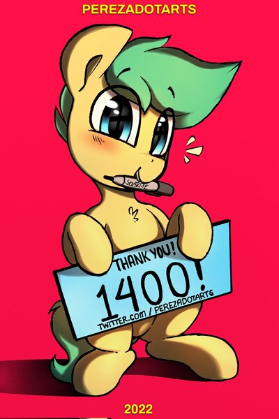 Size: 1365x2048 | Tagged: safe, artist:perezadotarts, derpibooru import, oc, oc:pen sketchy, unofficial characters only, earth pony, pony, blushing, colored, cute, digital art, drawing, earth pony oc, holding, image, jpeg, looking at you, male, meta, milestone, mouth hold, red background, sharpie, sign, simple background, sitting, smiling, smiling at you, solo, solo male, text, twitter