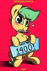 Size: 1365x2048 | Tagged: safe, artist:perezadotarts, derpibooru import, oc, oc:pen sketchy, unofficial characters only, earth pony, pony, blushing, colored, cute, digital art, drawing, earth pony oc, holding, image, jpeg, looking at you, male, meta, milestone, mouth hold, red background, sharpie, sign, simple background, sitting, smiling, smiling at you, solo, solo male, text, twitter