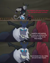 Size: 2000x2516 | Tagged: safe, derpibooru import, edit, edited screencap, screencap, storm king, tempest shadow, pony, unicorn, yeti, my little pony: the movie, amphibia, antagonist, armor, balcony, broken horn, caption, claws, comic, crown, evil grin, fangs, female, grin, horn, horns, image, jewelry, king andrias, marcy wu, mare, png, raised eyebrow, raised leg, reference, regalia, screencap comic, smiling, staff, staff of sacanas, storm king's emblem, tail, text, wind