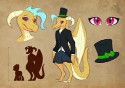 Size: 4096x2896 | Tagged: safe, artist:artharuhi, derpibooru import, oc, oc:tourmaline the dragoness, unofficial characters only, dragon, dragon oc, elegant, hat, image, jpeg, reference sheet, simple background, size chart, size comparison, top hat
