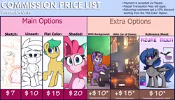 Size: 2092x1196 | Tagged: safe, artist:perezadotarts, derpibooru import, pinkie pie, roseluck, oc, oc:pen sketchy, bat pony, earth pony, pony, unicorn, advertisement, background, car, colored, commission info, example, image, jpeg, lineart, price sheet, reference sheet, sample, shading, sketch, text, vehicle