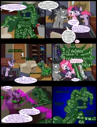 Size: 1042x1358 | Tagged: safe, artist:dendoctor, derpibooru import, doctor whooves, mean twilight sparkle, pinkie pie, time turner, twilight sparkle, twilight sparkle (alicorn), alicorn, earth pony, pegasus, pony, comic:clone.., alternate universe, blast, clone, comic, couch, discord whooves, discorded whooves, doctor who, female, glow, glowing horn, homunculus, horn, image, jpeg, magic, magic beam, magic blast, male, pinkie clone, sonic screwdriver