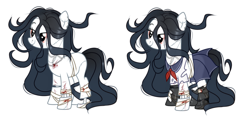 Size: 6280x2952 | Tagged: semi-grimdark, artist:idkhesoff, derpibooru import, oc, unofficial characters only, earth pony, ghost, pony, undead, bandage, blood, bone, bowtie, chains, clothes, cut, ear piercing, earring, eyebrow piercing, female, image, japanese, jewelry, lip piercing, mare, moon runes, necklace, nose piercing, piercing, png, ripped stockings, scar, school uniform, shirt, simple background, skirt, socks, stitches, stockings, thigh highs, torn clothes, torn socks, transparent background