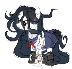 Size: 3078x2952 | Tagged: semi-grimdark, artist:idkhesoff, derpibooru import, oc, unofficial characters only, earth pony, ghost, pony, undead, bandage, blood, bone, bowtie, chains, clothes, cut, ear piercing, earring, eyebrow piercing, female, image, japanese, jewelry, lip piercing, mare, moon runes, necklace, nose piercing, piercing, png, ripped stockings, scar, school uniform, shirt, simple background, skirt, socks, stitches, stockings, thigh highs, torn clothes, torn socks, transparent background