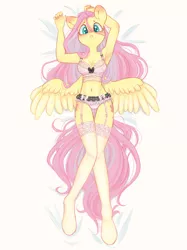 Size: 896x1200 | Tagged: suggestive, artist:melodylibris, derpibooru import, fluttershy, anthro, pegasus, unguligrade anthro, adorasexy, belly button, blushing, bra, breasts, busty fluttershy, clothes, cute, female, frilly underwear, garters, image, jpeg, lingerie, looking at you, lying down, on back, panties, sexy, shyabetes, socks, solo, solo female, spread wings, stockings, thigh highs, underwear, wings