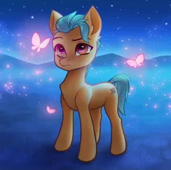 Size: 1432x1428 | Tagged: safe, artist:omnanya, derpibooru import, hitch trailblazer, butterfly, earth pony, insect, pony, my little pony: a new generation, g5, image, male, night, png, solo, stallion, stars