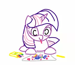 Size: 800x700 | Tagged: safe, artist:purblehoers, derpibooru import, twilight sparkle, pony, unicorn, crayons, drawing, female, filly, filly twilight sparkle, foal, heart, image, mouth hold, ms paint, paper, png, simple background, smiling, solo, unicorn twilight, white background, younger