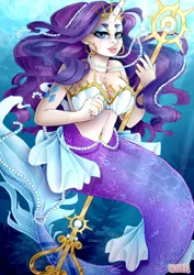 Size: 1024x1449 | Tagged: safe, artist:sk-ree, derpibooru import, rarity, human, mermaid, blue eyes, blue mane, bubble, crepuscular rays, eyelashes, female, fins, fish tail, horn, horned humanization, humanized, humasnized, image, jewelry, jpeg, looking at you, mermaid tail, mermaidized, necklace, ocean, pearl necklace, smiling, solo, species swap, sunlight, tail, underwater, water