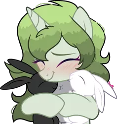 Size: 1481x1565 | Tagged: safe, artist:kurosawakuro, derpibooru import, oc, oc:matcha greens, unofficial characters only, pony, rabbit, unicorn, animal, base used, female, hug, image, mare, png, simple background, solo, transparent background