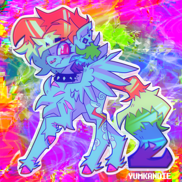 Size: 3178x3177 | Tagged: safe, artist:yumkandie, derpibooru import, rainbow dash, pegasus, pony, abstract background, alternate design, choker, image, piercing, png, solo, spiked choker, twitterina design, wingding eyes