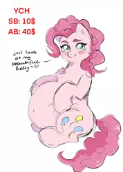 Size: 1693x2383 | Tagged: suggestive, artist:vaiola, derpibooru import, pinkie pie, pony, abdominal bulge, advertisement, auction, belly, big belly, blushing, chest fluff, commission, confident, cute, cutie mark, digital art, eyebrows, female, fluffy, full body, happy, huge belly, image, long mane, looking at you, png, pregnant, simple background, solo, speech bubble, squishy, text, white background, ych example, your character here