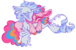 Size: 500x333 | Tagged: safe, artist:webkinzworldz, edit, editor:edits of hate, pinkie pie, rarity, earth pony, pony, unicorn, alternate design, cloven hooves, coat markings, colored hooves, cuddling, eyes closed, eyeshadow, female, freckles, heart mark, image, leonine tail, lesbian, lying down, makeup, mare, mottled coat, multicolored hooves, png, redesign, shipping, simple background, smiling, transparent background, twitterina design, unshorn fetlocks