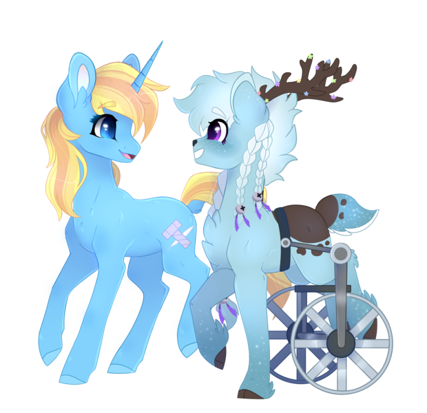 Size: 4283x4145 | Tagged: safe, artist:gladius lockhart, derpibooru import, oc, oc:coco, oc:skydreams, unofficial characters only, deer, pony, unicorn, bell, deer oc, female, image, non-pony oc, png, wheelchair