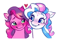 Size: 1157x815 | Tagged: safe, artist:catmintyt, edit, editor:edits of hate, skywishes, star catcher, earth pony, pegasus, pony, blushing, bust, female, g3, heart, image, jpeg, lesbian, looking at each other, mare, shipping, simple background, smiling, smiling at each other, white background
