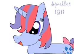 Size: 900x660 | Tagged: safe, artist:kiarakovu123, derpibooru import, sparkler (g1), pony, unicorn, bow, cute, female, g1, g1 to g4, g4, generation leap, image, jpeg, lidded eyes, like rarity, mare, multicolored hair, multicolored mane, multicolored tail, open mouth, open smile, purple eyes, purple text, simple background, smiling, solo, sparklerdorable, tail, tail bow, text, white background