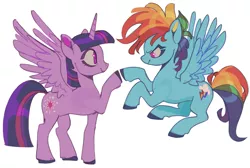 Size: 1280x860 | Tagged: safe, artist:doctor-pepo, rainbow dash, twilight sparkle, alicorn, pegasus, pony, alternate hairstyle, colored hooves, duo, duo female, female, flying, image, looking at each other, mare, png, profile, raised hoof, simple background, smiling, spread wings, standing, white background, wings