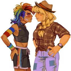 Size: 1280x1278 | Tagged: safe, artist:doctor-pepo, applejack, rainbow dash, human, angry, applejack's hat, bandaid, braid, clothes, confrontation, cowboy hat, cutie mark tattoo, ear piercing, female, hand on hip, hat, humanized, image, jeans, looking at each other, moderate dark skin, multicolored hair, nail polish, pants, piercing, png, rainbow hair, shirt, shorts, simple background, smiling, smirk, tanktop, tattoo, watch, white background, wristband, wristwatch