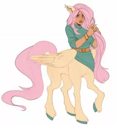 Size: 1280x1365 | Tagged: safe, artist:doctor-pepo, fluttershy, centaur, accessories, belt, bracelet, closed wing, clothes, colored hooves, female, image, jewelry, jpeg, looking at you, moderate dark skin, pony ears, race swap, raised hoof, ring, simple background, solo, unshorn fetlocks, white background