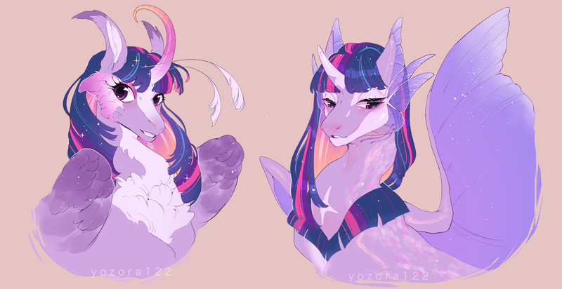 Size: 2884x1487 | Tagged: safe, artist:yozora122, derpibooru import, twilight sparkle, twilight sparkle (alicorn), alicorn, pony, alternate design, brown background, cheek feathers, chest fluff, curved horn, ear fins, ethereal mane, female, horn, image, jpeg, mare, one wing out, simple background, solo, twitterina design, wings