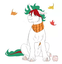 Size: 1280x1331 | Tagged: safe, artist:whitegwava, derpibooru import, gusty, unicorn, autumn, clothes, female, g1, image, leaves, png, scarf, simple background, smiling, snaggletooth, solo, striped scarf, unshorn fetlocks, white background