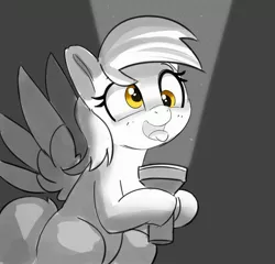 Size: 3000x2876 | Tagged: safe, artist:pabbley, derpibooru import, derpy hooves, pegasus, pony, cute, derpabetes, female, flashlight (object), gray background, grayscale, hoof hold, image, jpeg, making faces with a flashlight, mare, monochrome, neo noir, open mouth, open smile, partial color, silly, simple background, smiling, solo, tongue out