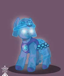 Size: 4245x5021 | Tagged: safe, artist:devorierdeos, derpibooru import, crystal pony, golem, pony, undead, fallout equestria, cape, clothes, crystal, crystal empire, crystal empire emblem, diamond, emblem, glow, glowing eyes, helmet, image, looking at you, png