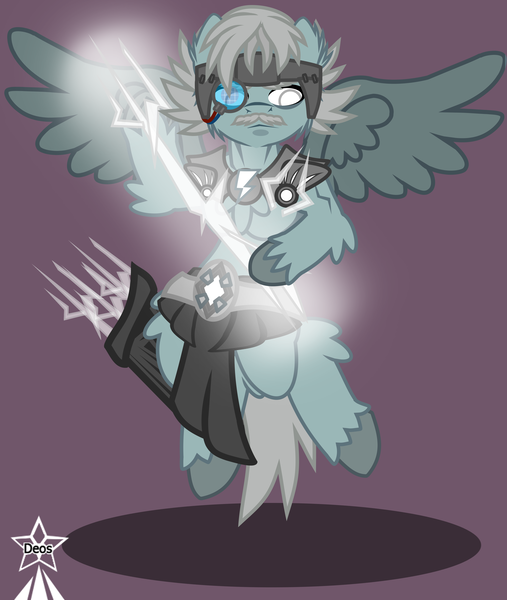 Size: 4245x5021 | Tagged: safe, artist:devorierdeos, derpibooru import, pegasus, pony, fallout equestria, armor, electronic device, enclave, facial hair, grand pegasus enclave, helmet, image, lightning, magic armor, magic stone, moustache, png, powerful physique, quiver, simple background, soaring, spread wings, throwing lightning, thunderer, wings