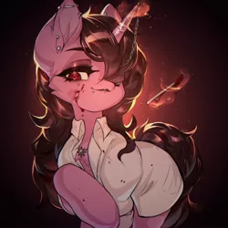 Size: 2048x2048 | Tagged: safe, artist:minekoo2, derpibooru import, oc, oc:claret heartthrob, unofficial characters only, unicorn, amulet, blood, chaos, chaos star, doctor, ear piercing, eyeshadow, fanfic art, female, hair over one eye, horn, horn piercing, image, jewelry, jpeg, makeup, piercing, scalpel, solo, solo female, surgeon, this will end in tears, unicorn oc