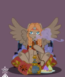 Size: 4245x5021 | Tagged: safe, artist:devorierdeos, derpibooru import, oc, oc:iv, pegasus, pony, fallout equestria, a box with weapons, blue eyes, braid, cake, chips, clothes, cloud, enclave, food, grand pegasus enclave, headband, hippie, hookah, hooves, image, laser rifle, loincloth, pegasus oc, pillow, png, poncho, red hair, resting, simple background, sitting, smoke from the mouth, smoking, spread wings, wings