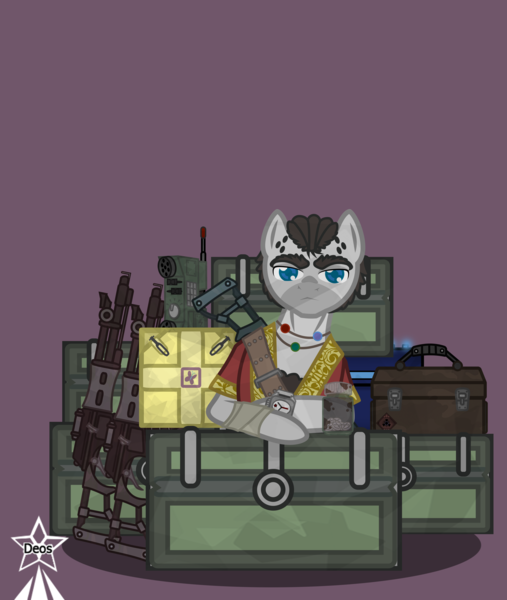 Size: 4245x5021 | Tagged: safe, artist:devorierdeos, derpibooru import, oc, pegasus, fallout equestria, a box with weapons, assault rifle, enclave, grand pegasus enclave, gun, image, looking at you, medical box, neck jewelry, oriental shirt, pills, png, radio, reference, rifle, simple background, spy, toolbox, transmitter, watch, weapon