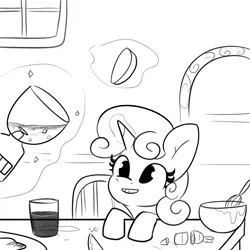 Size: 2250x2250 | Tagged: safe, artist:tjpones, derpibooru import, sweetie belle, pony, unicorn, black and white, blender (object), bowl, female, filly, foal, glass, grayscale, grin, high res, image, levitation, lineart, magic, mixing bowl, monochrome, png, smiling, solo, telekinesis