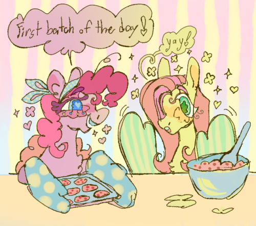 Size: 500x443 | Tagged: safe, artist:fablewave, fluttershy, pinkie pie, butterfly, earth pony, pegasus, pony, baking, bandana, cookie, cookie dough, cooking, duo, duo female, female, floating heart, food, heart, image, mare, open mouth, oven mitts, png, speech bubble, striped background, table, talking, tray, yay