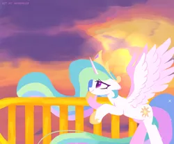 Size: 1800x1500 | Tagged: safe, artist:memengla, derpibooru import, princess celestia, alicorn, pony, balcony, crown, female, hoof shoes, image, jewelry, mare, png, regalia, signature, smiling, solo, spread wings, wings