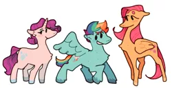Size: 1037x533 | Tagged: safe, artist:pinklem, fluttershy, rainbow dash, rarity, pegasus, pony, unicorn, alternate hairstyle, closed wing, colored hooves, eyeshadow, female, grin, height difference, image, jpeg, makeup, mare, one wing out, short hair, simple background, smiling, standing, trio, trio female, unshorn fetlocks, white background, wings