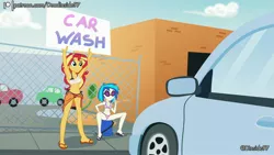 Size: 3840x2160 | Tagged: suggestive, artist:deadinside97, derpibooru import, sunset shimmer, vinyl scratch, equestria girls, arm behind head, armpits, belly button, bikini, car, car wash, clothes, duo, image, jpeg, sandals, sarong, sign, swimsuit
