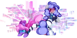 Size: 2890x1437 | Tagged: safe, artist:loyaldis, derpibooru import, oc, oc:cinnabyte, oc:lillybit, action, adorkable, bow, cute, dork, gaming headset, glitch techs, headphones, headset, image, png, ribbon, visor