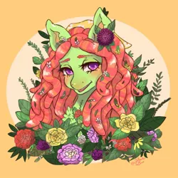 Size: 500x500 | Tagged: safe, artist:honolu-loo, tree hugger, earth pony, pony, bandana, blushing, bust, chest fluff, circle background, female, flower, flower in hair, image, jpeg, looking at you, mare, open mouth, portrait, simple background, solo, yellow background