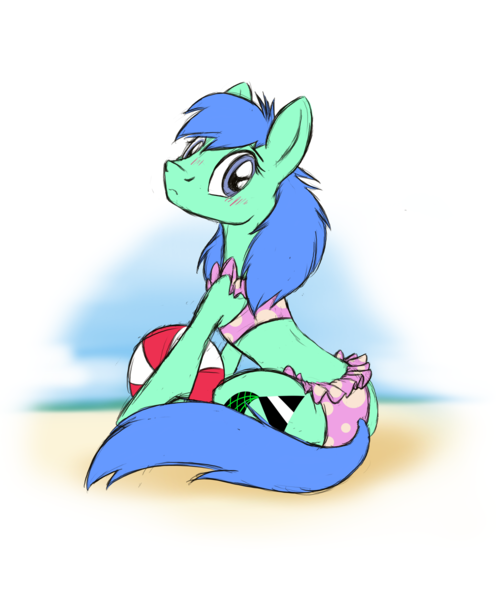 Size: 3218x3896 | Tagged: questionable, derpibooru import, oc, oc:spearmint, earth pony, pony, beach, beach ball, blushing, clothes, crossdressing, frilled swimsuit, image, looking back, male, png, polka dot swimsuit, sitting, solo, solo male, stallion, swimsuit