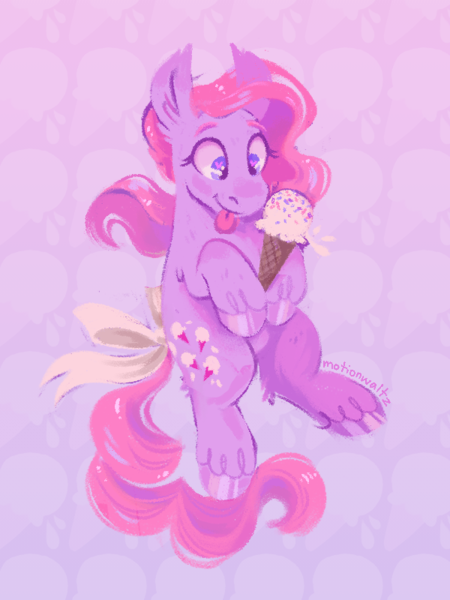 Size: 600x800 | Tagged: safe, artist:motionwaltz, lickety split, earth pony, pony, bow, candy, colored hooves, female, food, g1, ice cream, image, mare, pink background, png, simple background, solo, sweets, tail bow, unshorn fetlocks