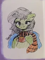 Size: 706x937 | Tagged: safe, artist:frootloop, oc, oc:anonfilly, pony, /mlp/, clothes, female, get well card, hoof hold, image, mug, png, scarf, solo, traditional art