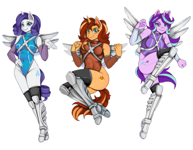 Size: 1280x995 | Tagged: suggestive, artist:jennobasilicum, derpibooru import, rarity, starlight glimmer, sunset shimmer, anthro, unicorn, armor, boots, breasts, clothes, commission, female, flying, horn, image, jetpack, leotard, png, ready to fight, sexy, shoes, simple background, smiling