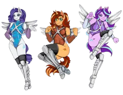 Size: 1280x995 | Tagged: suggestive, artist:jennobasilicum, derpibooru import, rarity, starlight glimmer, sunset shimmer, anthro, unicorn, armor, boots, breasts, clothes, commission, female, flying, horn, image, jetpack, leotard, png, ready to fight, sexy, shoes, simple background, smiling