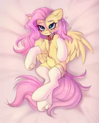 Size: 1761x2175 | Tagged: suggestive, artist:arisuyukita, derpibooru import, fluttershy, pegasus, pony, :3, blushing, clothes, collar, female, heart, image, jpeg, leash, lying down, on back, paw socks, smiling, socks, solo, solo female, spread wings, stockings, thigh highs, wings